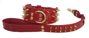 collar y correa personalizados para perros rojo con pinchos dorados