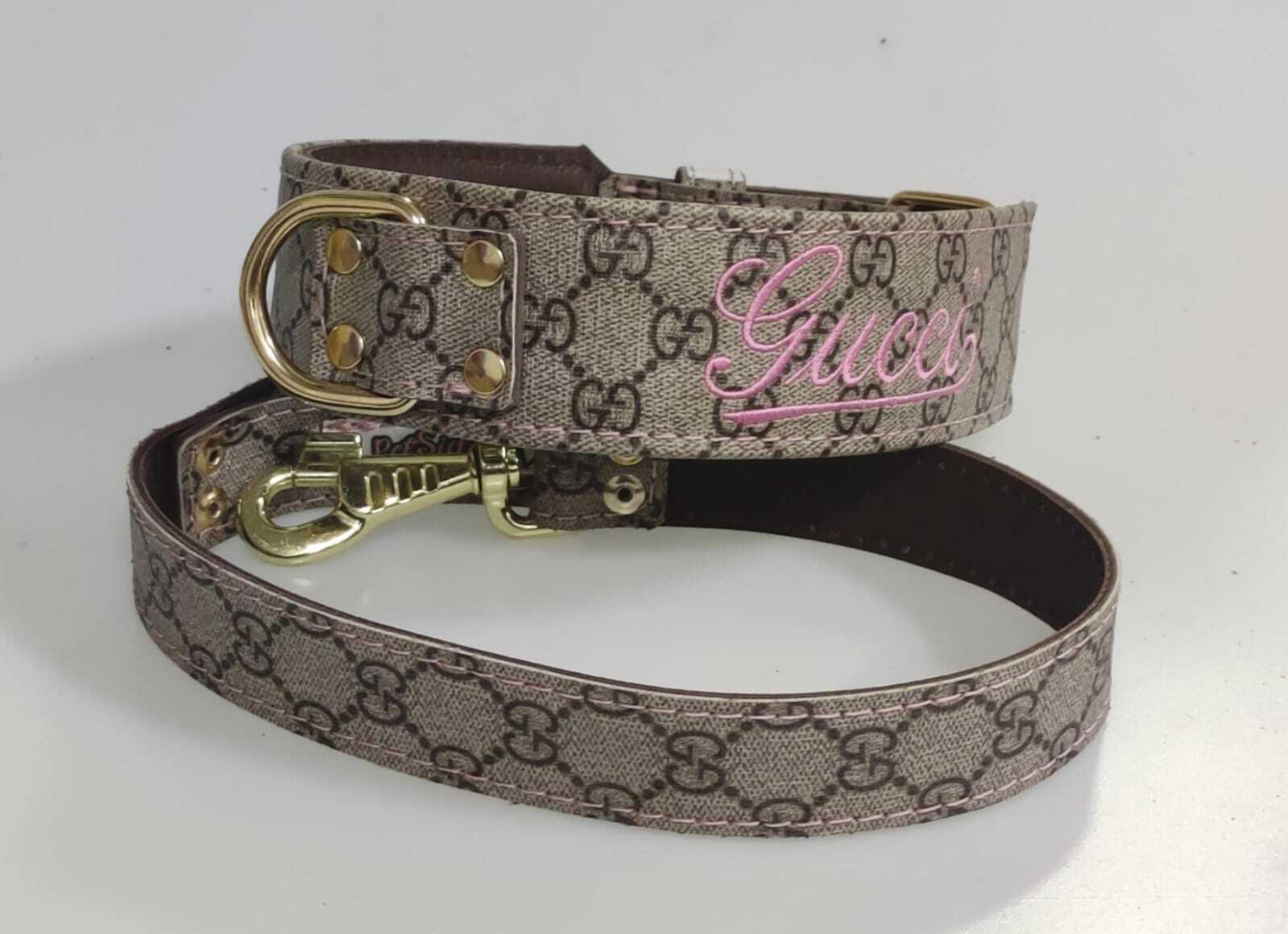 Collar y correa Gucci con bordado rosa