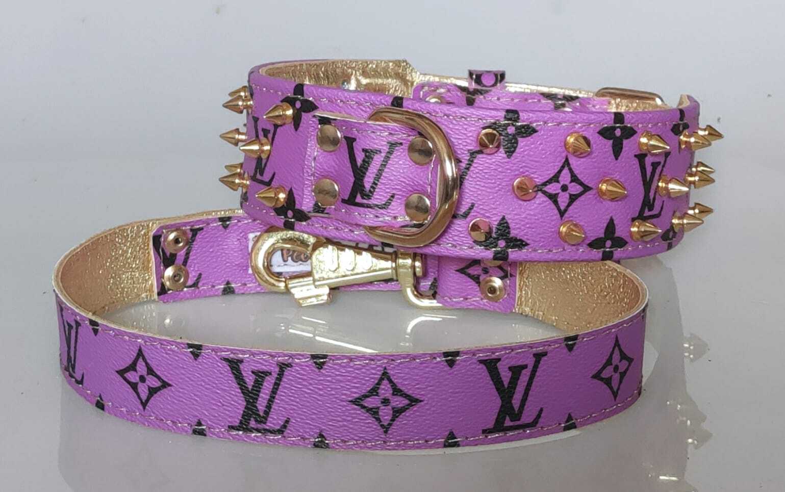 Collar y correa LV violeta dorado